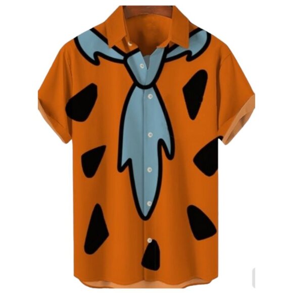 Fred Flintstones Orange Button Down Men's V-Neck Beach Party Short Sleeve Shirt - Picture 2 of 5